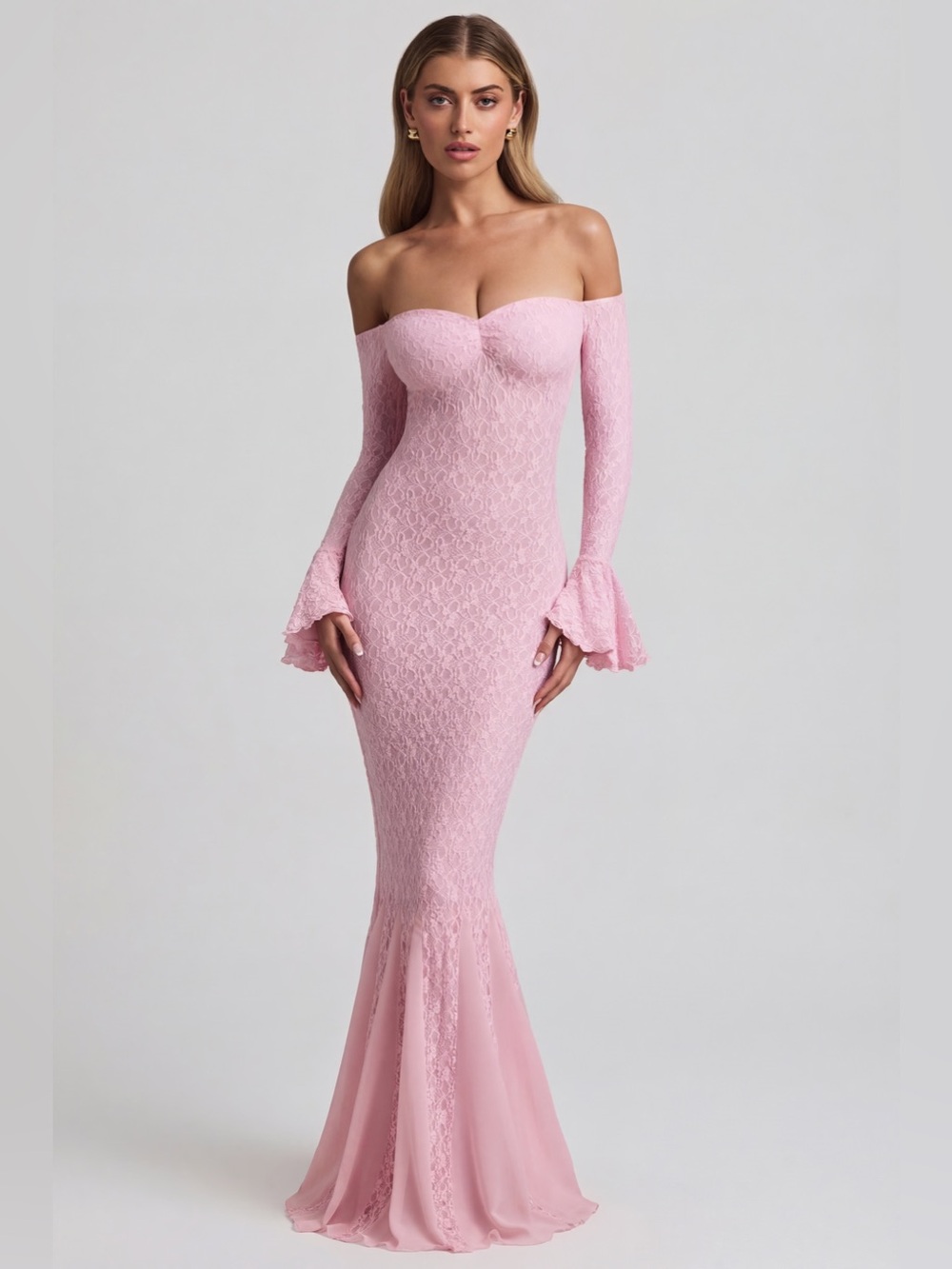 Oh Polly Verena Off-Shoulder Ruffle Lace Maxi Dress in Soft Pink